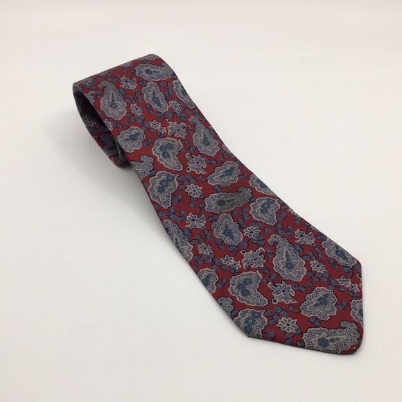 Vintage Yves Saint Laurent YSL Dark Red Blue and Gray Paisley Silk Tie - Picture 1 of 13